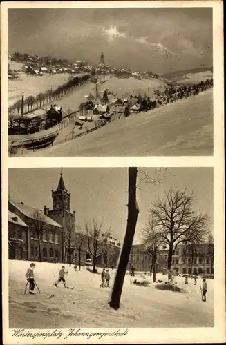 Ak Johanngeorgenstadt im Erzgebirge, Wintersportplatz, Panorama, Skifahrer, Schnee