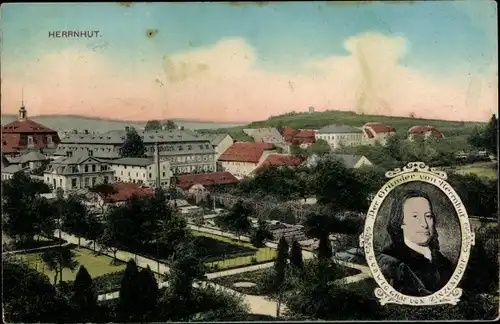 Ak Herrnhut in der Oberlausitz Sachsen, Teilansicht, Portrait vom Stadtgründer