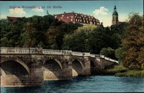 Ak Wechselburg Mulde, Schloss, Brücke, Kirchturm