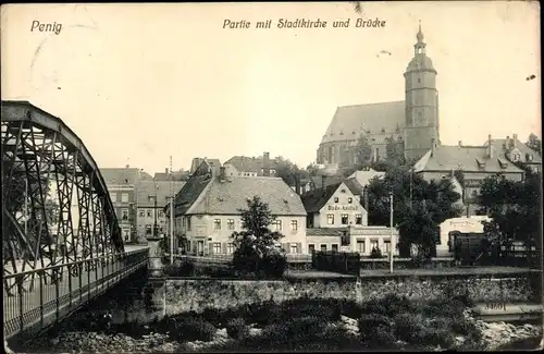 Ak Penig in Sachsen, Partie mit Stadtkirche und Brücke