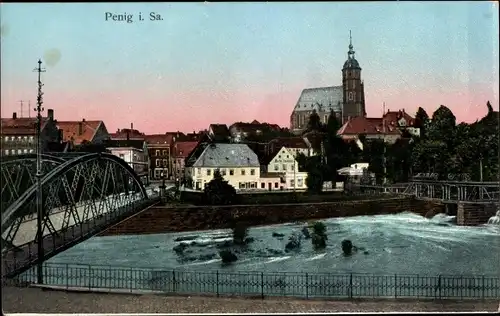 Ak Penig in Sachsen, Teilansicht mit Brücke, Kirche