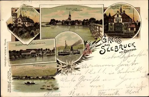 Litho Seeon Seebruck am Chiemsee Oberbayern, Fraueninsel, Gasthof zur Post, Schloss, Salondampfer