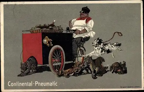 Künstler Ak Reklame Continental Pneumatic, Straßenverkäufer mit Lastenfahrrad, Hunde