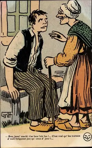 Künstler Ak Griff, Frau redet mit ihrem Enkel, Französische Tracht, Ben, jeun' marie...