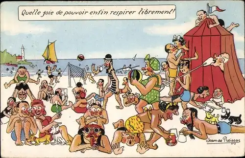 Künstler Ak Preissac, Strandleben, Volleyballspiel, Segelboot, Leuchtturm