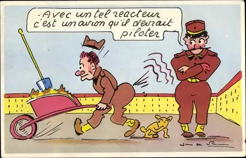 Künstler Ak Preissac, Bauarbeiter mit Schubkarre, Schaufel, Hund, Heiße Luft