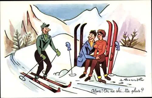 Künstler Ak Skifahrer, Frau mit großen Brüsten auf dem Schoß von einem Mann