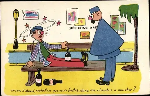 Ak Betrunkener Mann auf einer Parkbank, Polizist