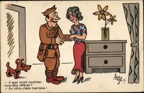 Künstler Ak Französischer Soldat mit Frau, A quel corps voudriez vous etre affecte