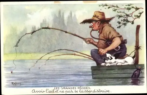 Künstler Ak Raffray, Les Grandes Peches, Angler mit Hund