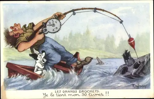 Künstler Ak Raffray, Les Grands Brochets, Angler im Boot