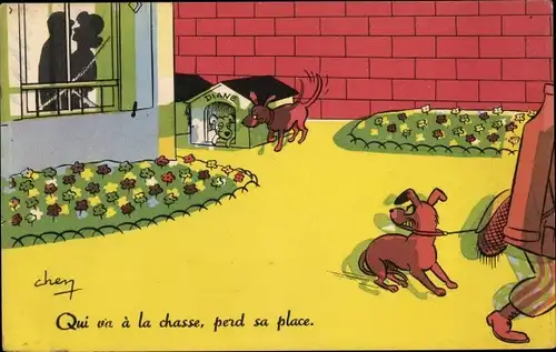 Künstler Ak Qui va a la chasse, Hunde, Liebespaar am Fenster