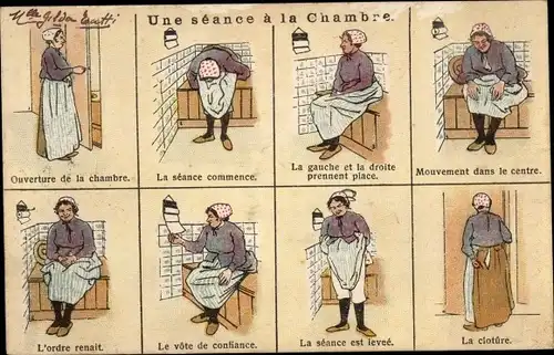 Ak Un eseance a la chambre, Bildergeschichte, Frau geht auf die Toilette
