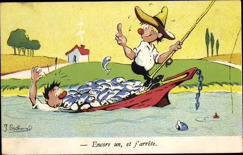 Künstler Ak Encore un, et j'arrete, Angler mit vielen Fischen im Boot