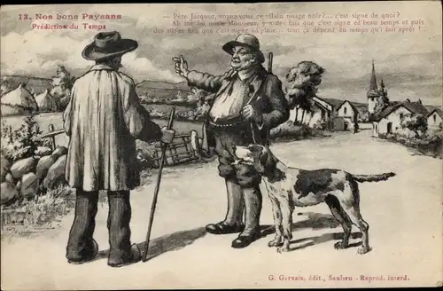 Ak Nos bons Paysans, Prediction du Temps, Zwei Männer, Tracht, Hund, Gehstock