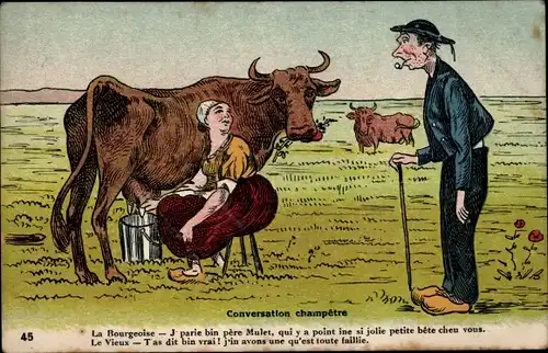 Künstler Ak Conversation champetre, la Bourgeoise, le Vieux, Frau beim Melken, Mann