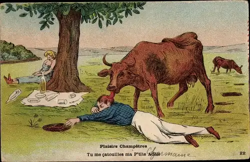 Ak Plaisirs Champetres, Kuh leckt Mann den Kopf ab, Picknick