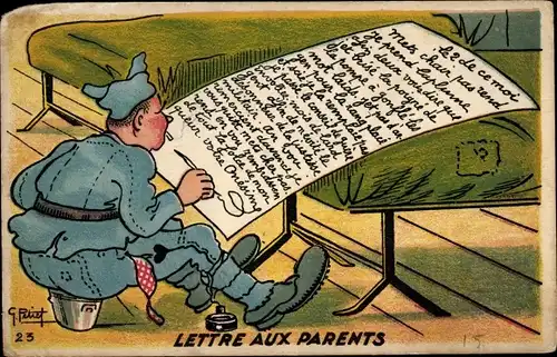 Künstler Ak Lettre aux Parents, französischer Soldat schreibt einen Brief