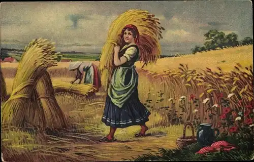 Ak Zwei Bäuerinnen bei der Arbeit, Stroh, Strohgarben, Getreide, Landwirtschaft