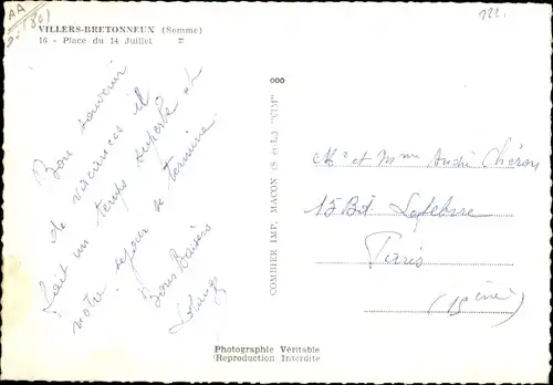 Ak Villers Bretonneux Somme, Place du 14 Juillet