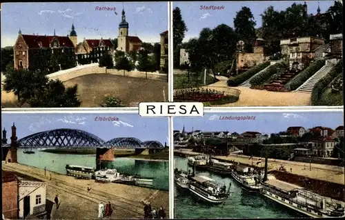 Ak Riesa an der Elbe Sachsen, Rathaus, Elbbrücke, Stadtpark, Landungsplatz