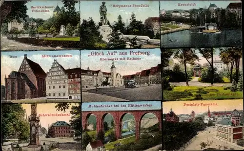 Ak Freiberg in Sachsen,Bergmanns Standbild, Kreuzteich, Obermarkt mit Rathaus, Dom, Schwedendenkmal