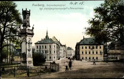 Ak Freiberg im Kreis Mittelsachsen, Schwedendenkmal, königliche Amthauptmannschaft, Petersstrasse