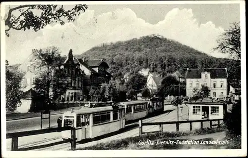 Ak Biesnitz Görlitz in der Lausitz, Endstation Landeskrone, Straßenbahnen