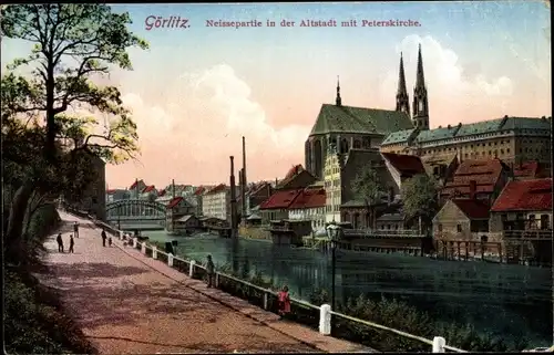 Ak Görlitz in der Lausitz, Neissepartie in der Altstadt mit Peterskirche