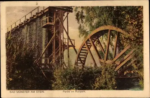 Ak Bad Münster am Stein Ebernburg, Partie im Kurpark, Gradierwerk, Mühlrad