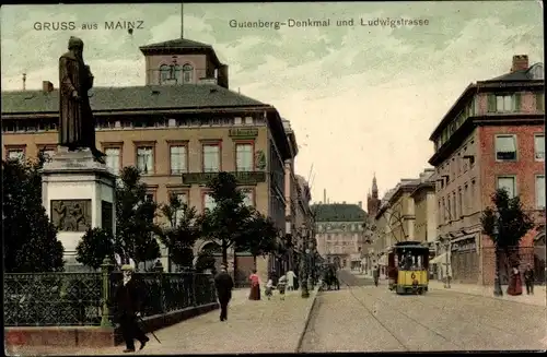 Ak Mainz in Rheinland Pfalz, Gutenberg Denkmal und Ludwigstraße, Tram 6