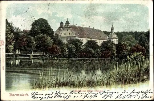 Ak Darmstadt in Hessen, Jagdschloss Kranichstein, Uferpartie