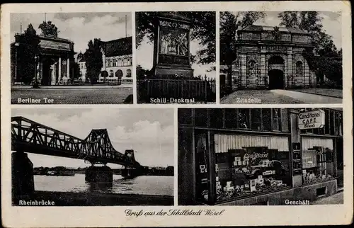 Ak Wesel am Niederrhein, Berliner Tor, Schill Denkmal, Rheinbrücke, Zitadelle, Geschäft