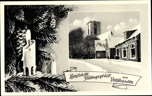 Ak Veldhausen Neuenhaus in Niedersachsen, Dorfpartie im Winter, Kirche, Kerze