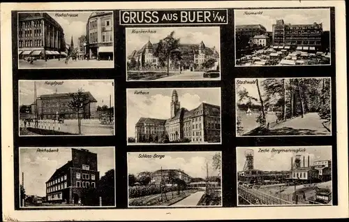 Ak Buer Gelsenkirchen im Ruhrgebiet, Hochstraße, Krankenhaus, Neumarkt, Hauptpost, Zeche