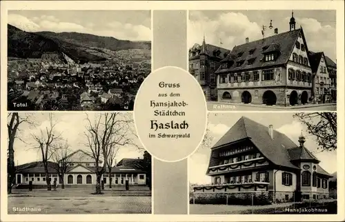 Ak Haslach im Kinzigtal Schwarzwald, Totale, Rathaus, Hansjakobhaus, Stadthalle