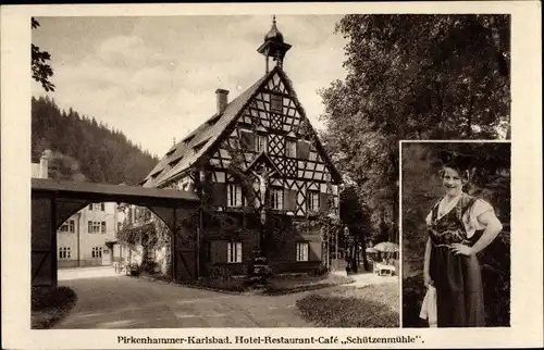 Ak Březová Pirkenhammer Region Karlsbad, Hotel Schützenmühle, Frau in Tracht