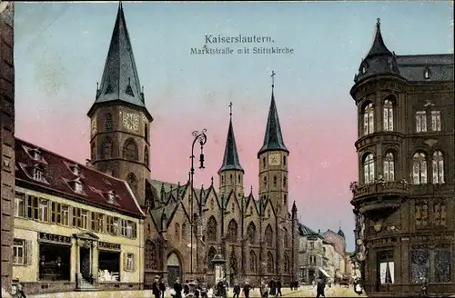 Ak Kaiserslautern in der Pfalz, Marktstraße mit Stiftskirche