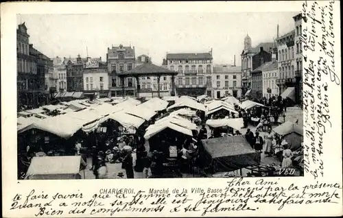 Ak Charleroi Wallonien Hennegau, Marché de la Ville Basse, Marktplatz mit Ständen