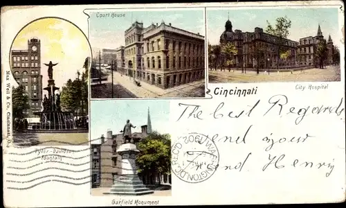 Ak Cincinnati Ohio USA, Tyler Davidson Fountain, Court House, Garfield Monument, City Hospital