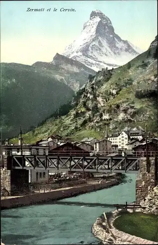 Ak Zermatt Kanton Wallis, Blick auf Ort,Brücke & Cervin