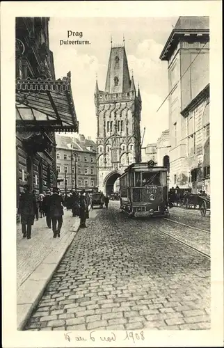 Ak Praha Prag Tschechien, Pulverturm, Straßenbahn