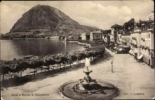 Ak Lugano Kt. Tessin Schweiz, Quai e Monte San Salvatore, fontaine