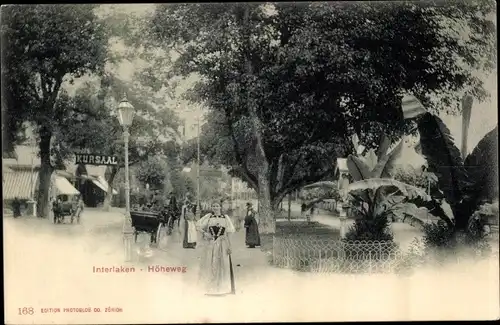 Ak Interlaken Kanton Bern Schweiz, Höhenweg, Frau in Tracht, Kursaal