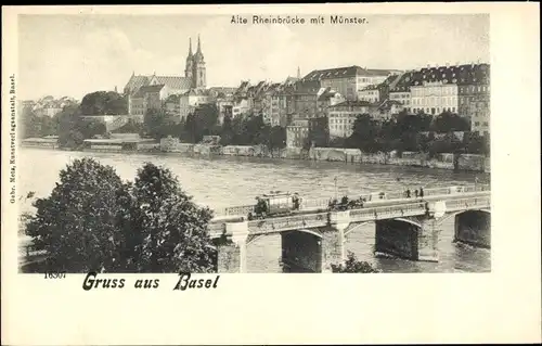Ak Bâle Basel Stadt Schweiz, Alte Rheinbrücke mit Münster