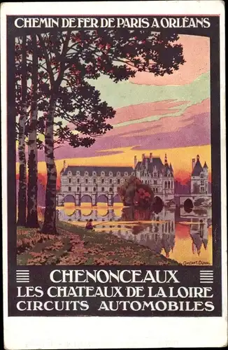 Künstler Ak Duval, C.Chenonceaux Indre et Loire, Le Chateau, Circuits Automobiles, Chemin de fer de