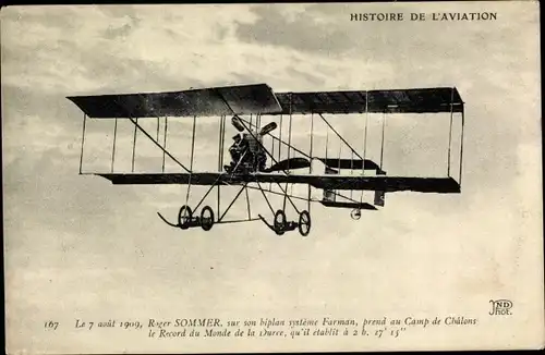 Ak Histoire de l'Aviation, Roger Sommer, sur son biplan systeme Farman, Champ de Chalons