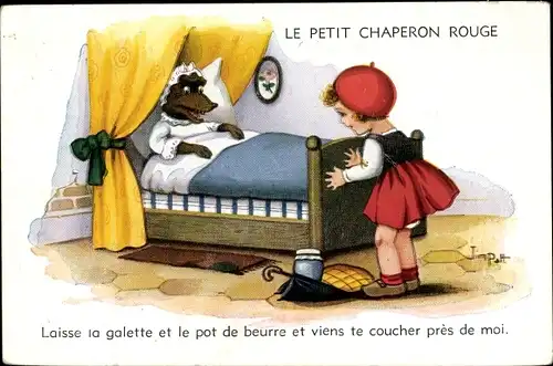 Künstler Ak Patt, Jim, Le Petit Chaperon Rouge, Wolf im Bett, Rotkäppchen mit dem Kuchen