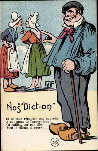 Künstler Ak Griff, Mann mit Gehstock, Zwei Frauen beim Quatschen, Nos Dict-on, Si tu veux repandre..