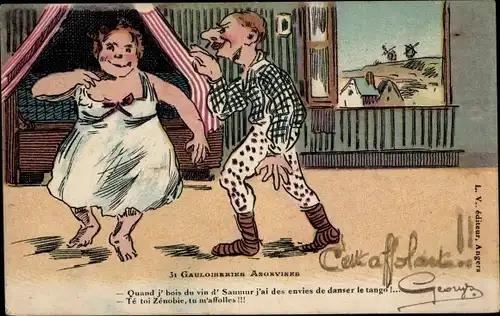 Ak Gauloiseries Angevines, Frau im Unterkleid, Mann